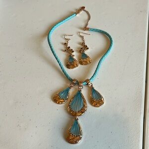 Guess Necklace Earring Set Turquoise Copper Rope Dangle Mixed Media Teardrop 19”